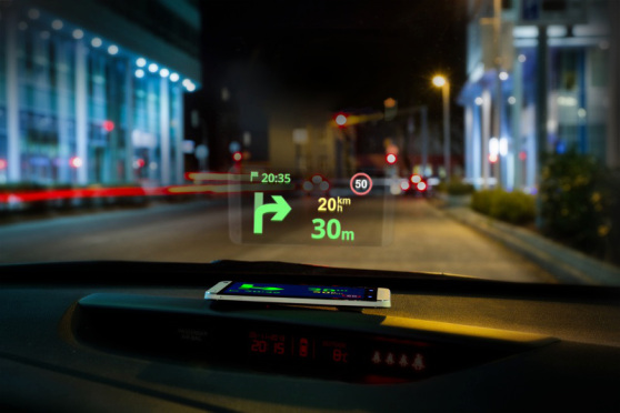 Heads up display in a car showing direction